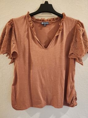 Democracy Mauve Lace Sleeve V-Neck Women's Top